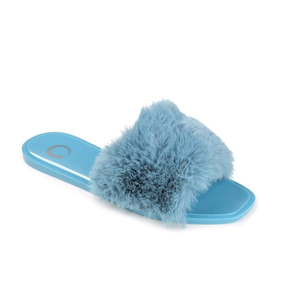 Journee Collection Womens 7 M Blue Dusk Faux Fur Slide Flat Sandals NIB SH8
